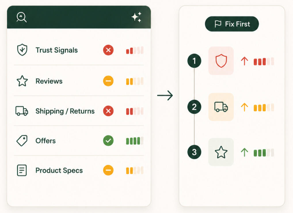 AI Visibility Audit Results Audit report showing failed trust signals for Shopify store