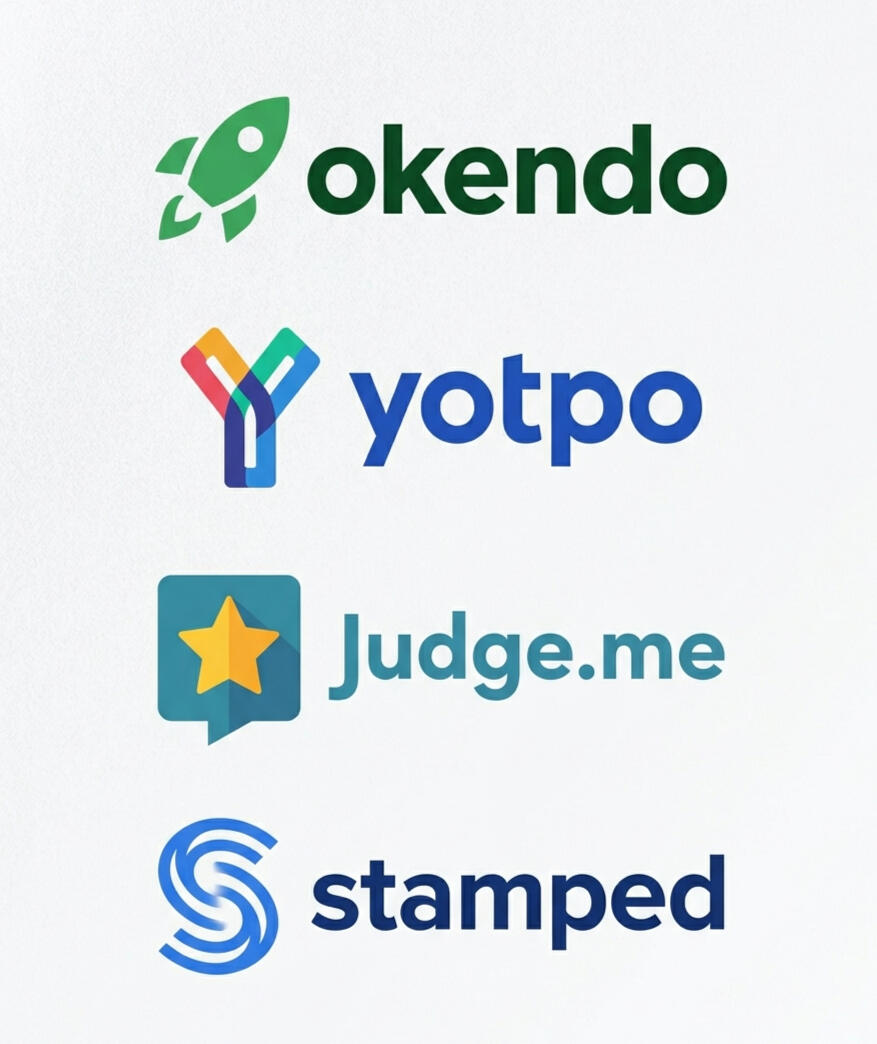 Logos of Okendo, Yotpo, Judge.me, and Stamped review apps